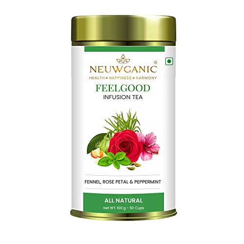Image of Neuwganic Feel Good Infusion Tea - 100 Gm Loose Leaf Tea | Fennel, Rose Petals, Peppermint | Antioxidant, Natural Detox, Weight Loss | 50 Cups | All Natural, Caffeine-Free, Vegan & Gluten-Free