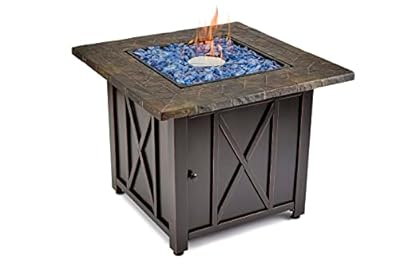 Endless Summer 30 Inch Square 30,000 BTU Liquid Propane Gas Outdoor Fire Pit Table w/Push Button Ignition, Blue Fire Glass, & Steel Fire Bowl, Bronze