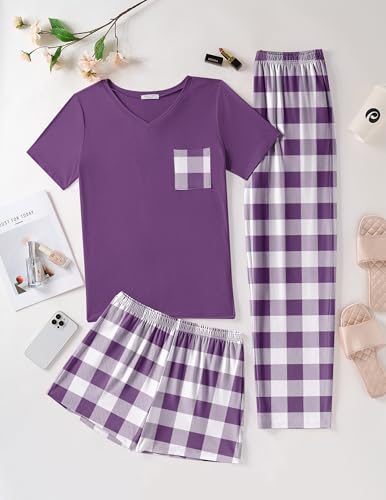 Ekouaer Women's 3 Piece Pajama Set Short Sleeve Sleepwear Pj Set Top and Shorts Pants Pjs with Pockets2