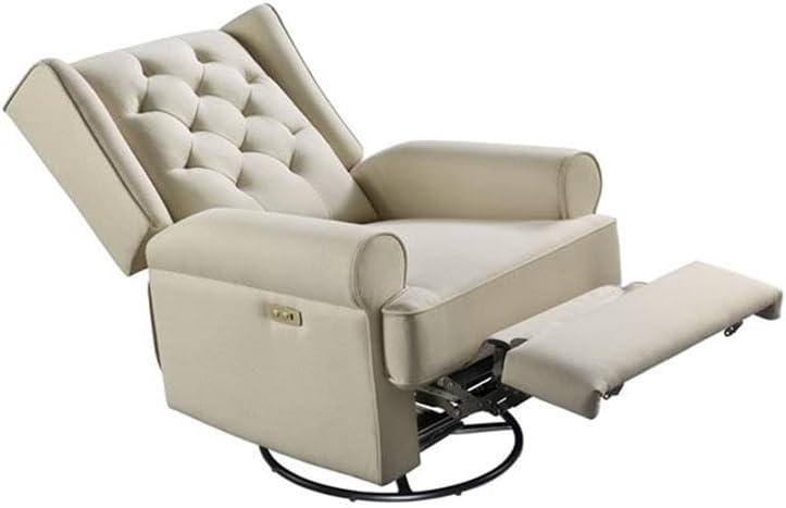 Pemberly Row Traditional Fabric USB Glider Recliner, 40" H x 33" W x 37.4" D, Wood and Natural Fabric, Swivel Recline Rock Glide, Neutral Living Room Seating