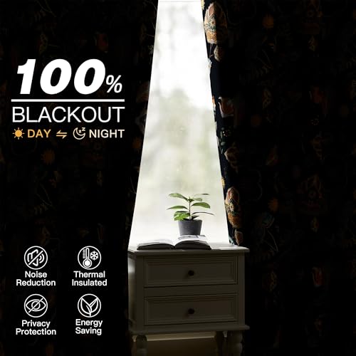 Image of XiDi Navy Blue Short Floral Patterned Blackout Curtains 54 Inches Long