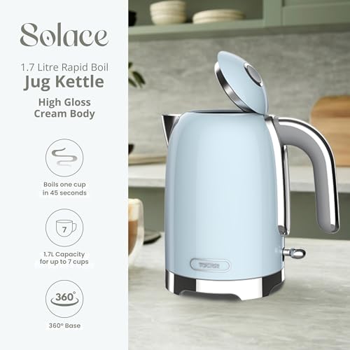 Image of Tower Premium Solace Electric Kettle 1.7L, 1350W | Full Metal Body, Rapid Boil in 45 Seconds, Auto Shut-Off, Boil-Dry Protection, 360 Power Base, Water Level Indicator, 2 Year Warranty (Blue)