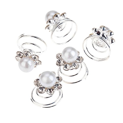 VAGA Set of 10pcs Silver Colored Iron Spirals Hair Pins / Slides / Twists / Coils / Wedding Brides Hairstyles Decorations with White Pearls and Clear Rhinestones Crystals Gemstones Flowers Shapes
