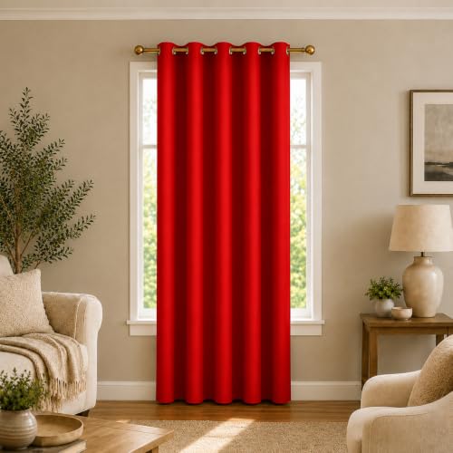 Image of Polyester Eyelet Door Curtain, Solid Plain Light Filtering Curtain for Bedroom, Living Room & Home Office, 7 Feet (84 x 48 Inch), Red, Pack of 1