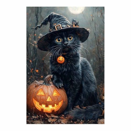 Fond fête d'halloween orange animaux noirs et balai TERUEA - Affiche horreur mignonne 70x100cm
