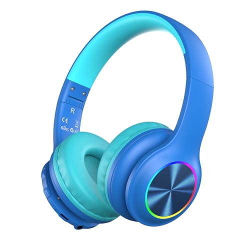 Upgrade 6.0 Bluetooth Kinder Kopfhörer,Kabellose Kinderkopfhörer mit LED-Leuchten,85 Stunden Spielzeit,85/94 dB Lautstärkebegrenzung,Faltbar,eingebautes Mikrofon,Kabel-und TF-Kartenmodus,Blau