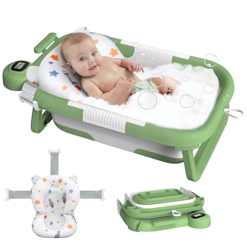 Image of Reeple Collapsible Baby Bathtub, Baby Bath Tub for Newborn to Toddler with Floating Cushion for Bath Support, Portable Baby Tub for Infants with Temp Monitor, 0-36 Months Baby Bath Essentials, Green