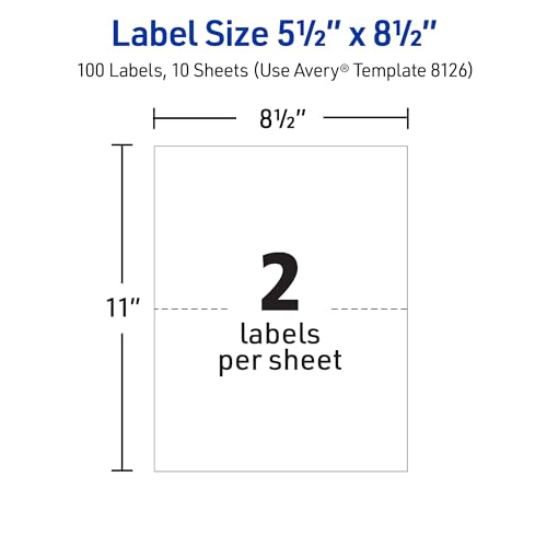 Image of Avery Half-Sheet Printable Shipping Labels, 5.5 inch x 8.5 inch Customizable Stickers, White, 50 per Pack, 100 Blank Mailing Labels Total, Great for Mailing, Shipping, Organizing, and More (2-Pack of 8126)