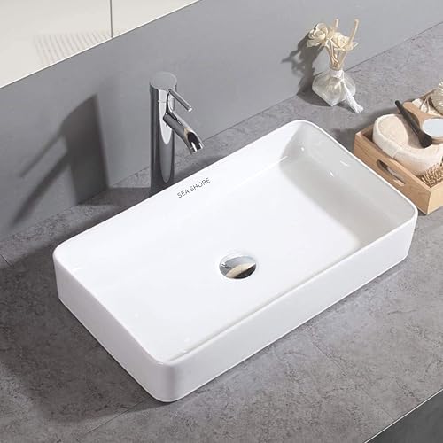 Image of SEA SHORE White Imported Ceramic Table Top Wash Basin - Slim Rim Vessel Sink for Bathroom & Living Room | 24 x 14 x 5 Inch (Florance White)