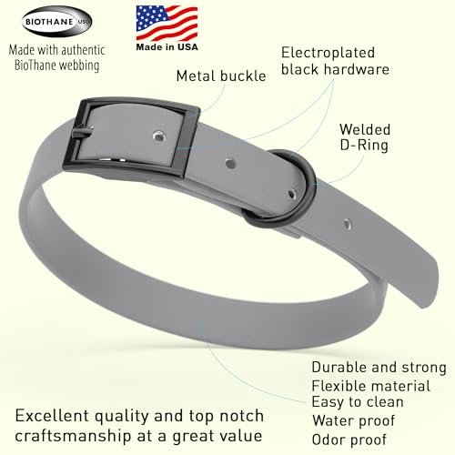 Image of Dogline Biothane Waterproof Dog Collar Strong Coated Nylon Webbing with Black Hardware Odor- Proof for Easy Care Easy to Clean High Performance Fits Small Medium or Large Dogs, Battleship Gray