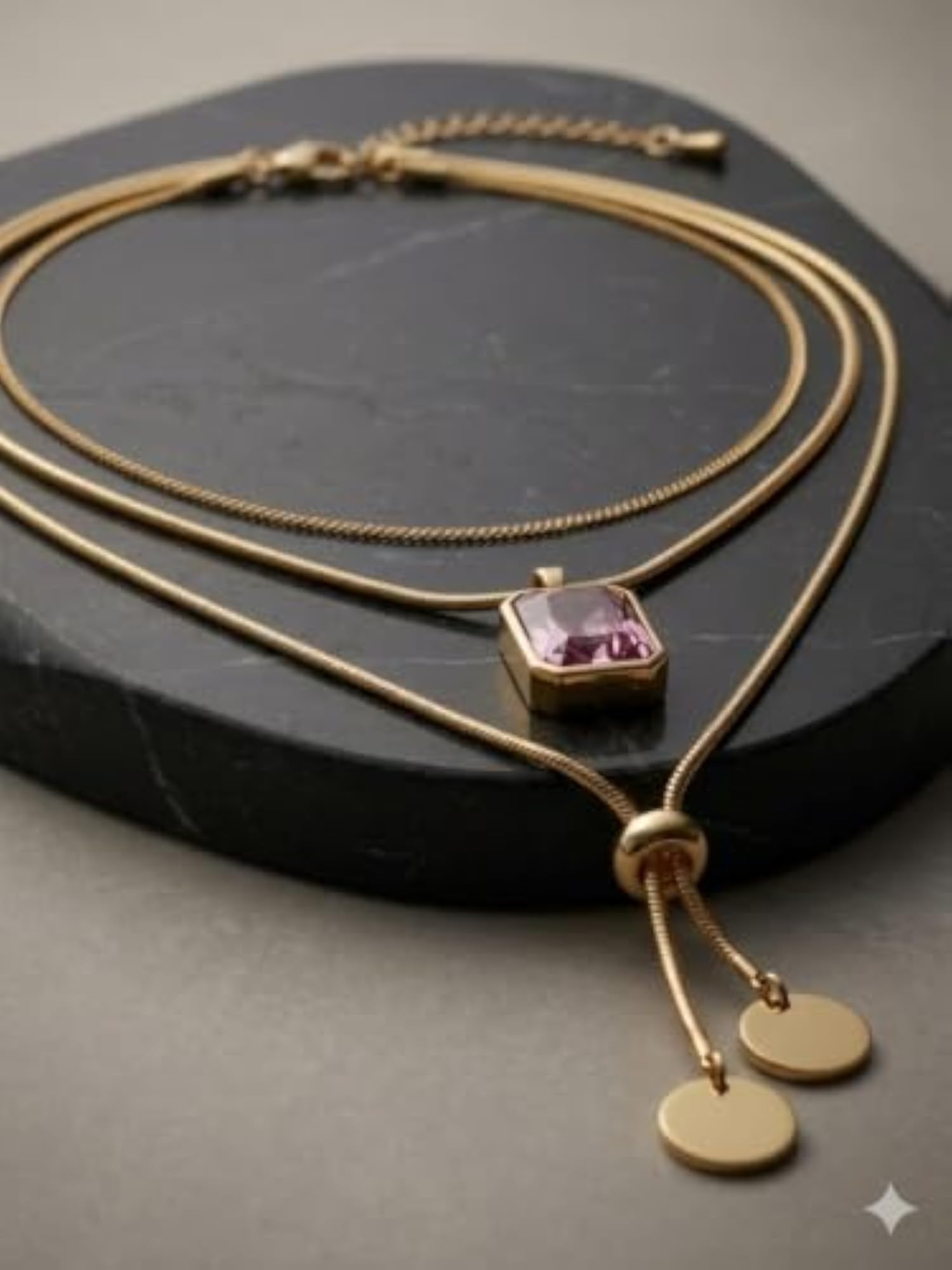 Women's Layered Necklace with Purple Crystal Pendant, Statement