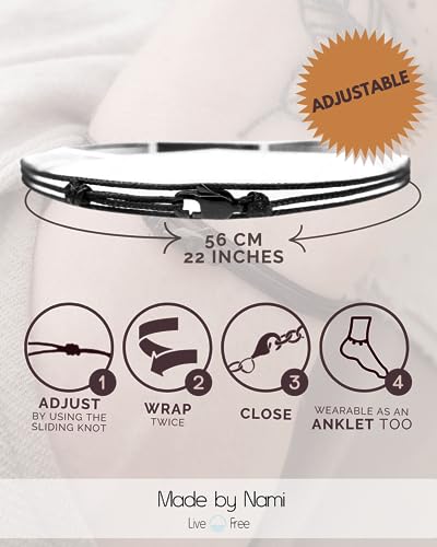 Adjustable Wrap Surfer Bracelet Women & Men - Thin String Bracelet With Snap Hook - Nautical Maritime Beach Jewelry - Handmade & Waterproof - Birthday Gift For Him (Black Black) #TOP1