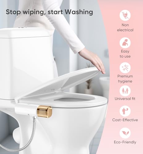 Image of Ultra-Slim Bidet Attachment, Posterior&Feminine Wash-(Retractable Dual Nozzles), Non-Electric Bidet Attachment for Toilet Seat, Adjustable Fresh Cold Water Pressure, Stainless Steel Inlet (Gold)