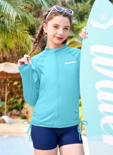 Image of BesserBay Girls Rash Guard UPF 50+ Zip Up Raglan Long Sleeve Adjustable Drawstring Swim UV Jacket 4-14 Years
