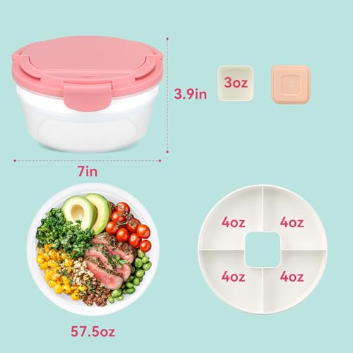 Image of Salad Container for Lunch, Bento Lunch Box 58-oz with 4 Compartments Tray and Ice Pack, Leak-Proof Salad Bowl with Lid for Adults, BPA-Free Lunch Box for Meal Prep & Food Storage (Pink)
