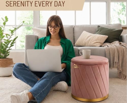 Image of Luxury Velvet Ottoman Stool for Living Room & Bedroom | Premium Round Pouffe with Gold Metal Base | Modern Footrest, Extra Seating & Home Decor (Pink Set of 2)