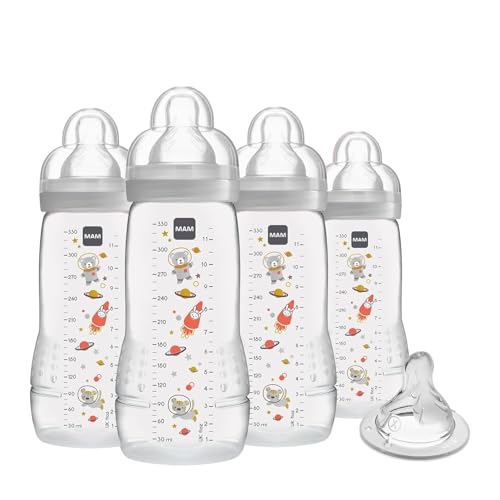 Image of MAM Easy Active Baby Bottle 4 Pack, 11oz, BPA Free, Fast Flow Silicone Nipple, Anti-Slip Grip, Leak-Proof, 4+ Months, Cotton