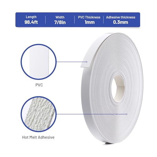 Image of PVC Edge Banding 7 /8 inch x 100ft Veneer Edge Banding White with Hot Melt Adhesive Pre - glued Iron on Edging Tape Trim for Cabinet Plywood Repairs and Furniture Restoration