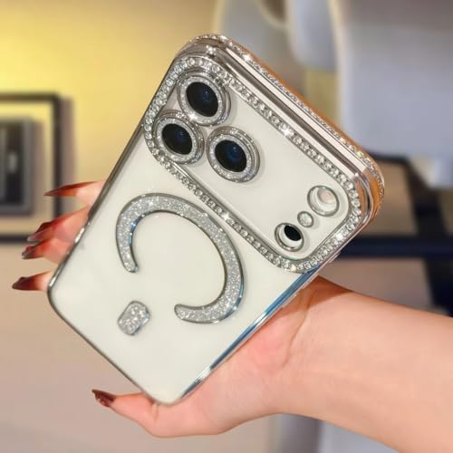 Image of for iPhone 17 Pro Max Magnetic Glitter Case,Luxury Bling Rhinestone Diamond Plated Bumper Case Sparkle Camera Lens Protection Clear Cover for iPhone 17 Pro Max (Silver)