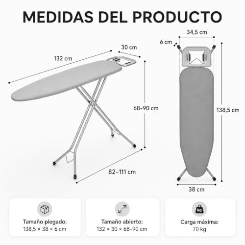 Miniatura 3 de Tabla De Planchar Grande Y Plegable Con Altura Regulable Desde 70 A 90cm 120x35cm Estructura Metálica Soporte De Plancha Antideslizante Funda Rellena De Algodón Resistente Al Calor Ligera
