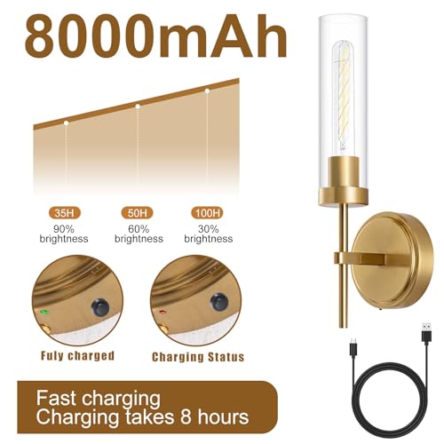 Image of Battery Operated Wall Sconce,Gold Wall Sconces 8000mAh Fast Chargin Dimmable 2Color Temperature Bulbs Endurance 100 Hours Infinitely with Remote Control Wireless Wall Lights for Bedroom Living