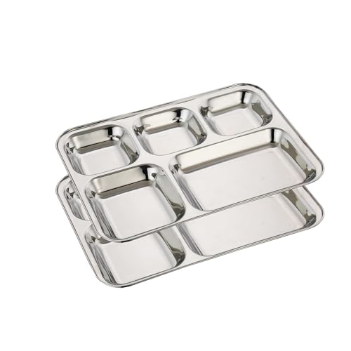 Image of Expresso - Heavy Duty Stainless Steel Rectangle /Square Deep Dinner Plate w /5 Sections Divided Mess Trays for Kids Lunch, Camping, Events & Every Day Use Kitchenware - Set of 2 Pcs