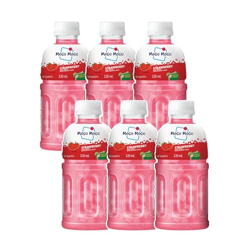 Image of Mogu Mogu Strawberry Juice with Nata de Coco Jelly 320ml (Pack of 6), Refreshing Tropical Thai-Made Sip & Chew Beverage