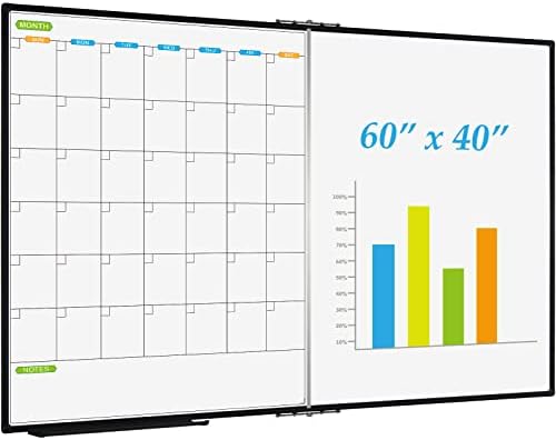 JILoffice Magnetic Foldable Dry Erase Calendar Whiteboard Combo, 1 Month Calendar Board & White Board 60 X 40 Inch, Black Aluminum Frame Wall Mounted Board for Office Home and School