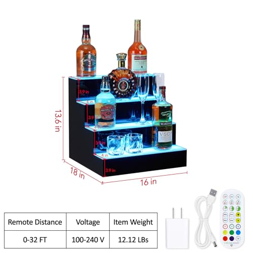 LED Lighted Liquor Bottle Display Shelf, 4 Tiers 16 Inch Lighted Liquor Shelf with Remote & App Control, and Multi-Color Lighting, Bar Bottle Display Shelf for Liquor Shelves