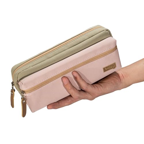 Image of Large Pencil Case, Pencil Pouch with Zipper Compartments, Aesthetic Pencil Case for Adults, Stationery Pouch Pen Case for Office (Green&Pink)