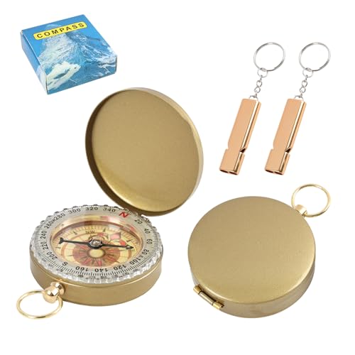 Image of 2 Pcs Compass Navigation, Golden Vintage Pocket Compass with Luminous Function, Waterproof Metal Hiking Compass with 2 Whistles for Outdoor Camping Navigation, Orienteering and Survival