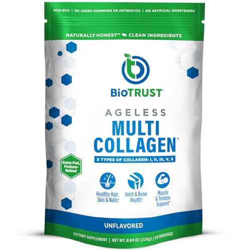 BioTrust Ageless Multi Collagen Peptides Powder – 5 Types (I, II, III, V, X) – Unflavored Collagen Powder for Women & Men – Hydrolyzed Protein – Grass Fed Beef, Fish, Chicken, Eggshell Membrane