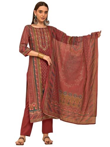 Image of SheWill Kurta Sets for Women - Red Rayon Aari Hand Work with Digital Floral Print Kurta with Pant and Chanderi Dupatta |Stylish Printed Summer Kurti Set