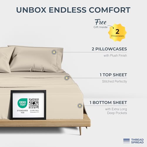 Image of THREAD SPREAD 100% Egyptian Cotton King Size Sheets Set - Luxury 1500 Series Egyptian Cotton Sheets King Size, 17 inch Deep Pocket, Soft, Cooling Sateen Weave Hotel Quality Bedding Set - Beige