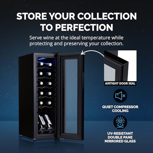 newair 12 bottle wine cooler refrigerator  shadow series  freestanding mirrored wine and beverage fridge with double-layer tempered glass door amp compressor cooling for reds whites amp sparkling wine