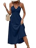 SOLY HUX Women's Halter V Neck Tie Backless Cami Dress Sleeveless Long Dresses Pure Navy Blue Medium