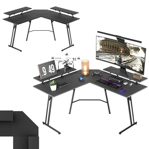 UISEBRT Escritorio para gaming, 130 x 130 cm, en forma de L, con soporte para monitor, superficie de fibra de carbono, ergonómica, grande, para ordenador, para oficina en casa, oficina en casa, color