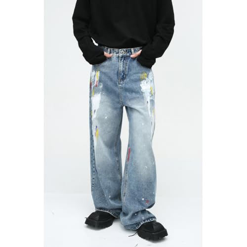 XYGJZ Men Wide Leg Paint Splatter Jeans Baggy Loose Hip Pop Denim Pants2