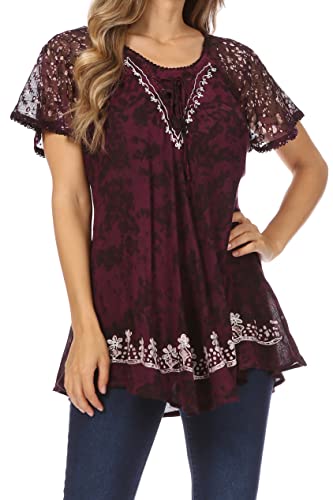 Image of Sakkas Ash Speckled Tiedye Embroidered Cap Sleeve Blouse Top with Embroidery Hems
