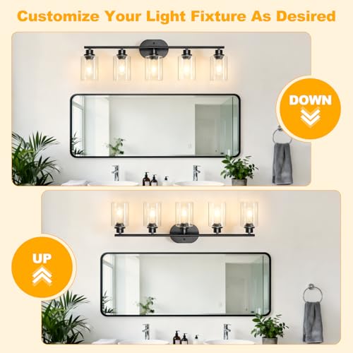 Image of Unicozin 5 Light Bathroom Light Fixtures,33.5 Inch Vanity Lights for Bathroom, Lacquered Black Wall Lamp with Clear Glass for Mirror, Living Room, Hallway, Cabinet, E26 Base