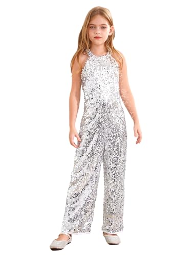 Jydiazi Mädchen Glitzer Pailletten Jumpsuit Ärmellos Festlich Overall Kinder Metallic Weite Beine Hose Für Party Cocktail Abend Weihnachten Silber_Lang 146-152