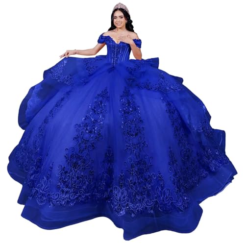 Mauuwy Princess Ruffles Quinceanera Dresses with Bow Puffy Lace Crystal 15 Dresses for Quinceanera Layered Tulle Ball Gown