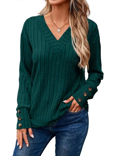 Dokotoo Blouses for Women Dressy Casual V Neck Knit Long Sleeve Shirts for Women Soft Elastic Womens Blouses Solid Button Detail Fall Sweaters Fall Clothes 2025 Winter Clothing Green M