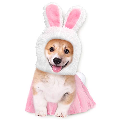 Whaline Easter Bunny Costume Set - Cute Rabbit Hat With Ear Headband, Lace Skirt, Tail - White Pink Party Accessory Supplies for Small Dog Cat, 3 Pieces