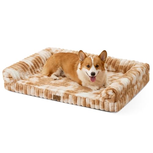 COZY KISS Orthopädisches Hundebett für Große Hunde 90x68x15cm – Hundesofa mit Weichem Kunstfell & Cordbezug, Eierförmiger Kistenschaum, Ergonomischer Hundekorb, Abnehmbar & Waschbar, Tie-Dye Brown