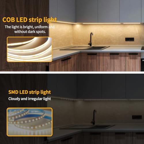 Image of 32.8ft COB LED Strip Lights 3000K Warm White Dimmable DC 24V Flexible LED Tape Light for Bedroom, with Remote and app Control LED Light Strip,for DIY Home Decoration