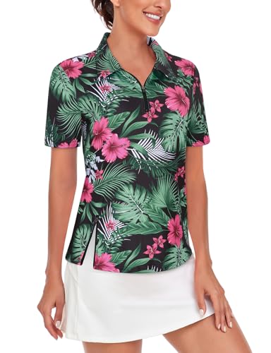 LURANEE Women's Short Sleeve Golf Shirt UPF 50+Zip Up Quick Dry Tennis Polo Workout Tops Slit Zipper at Hem