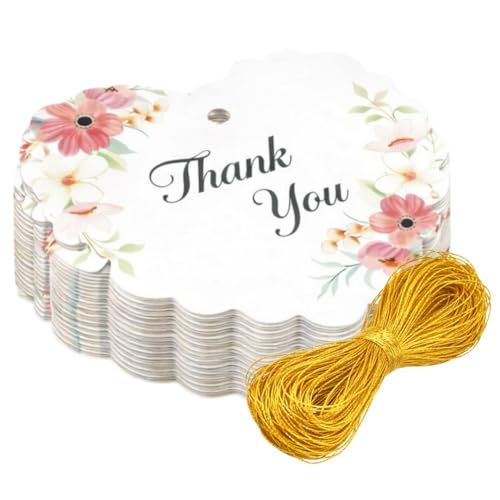 Image of CVANU Heart Shaped Thank You Tags 300-Pcs with Golden String, Floral Design Gift Tags for Wedding Favors| Birthday Party| Small Business Packaging (2.16x2.36 inch) D1