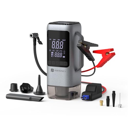 Portronics Vayu Cop 6-in-1 Rechargeable BLDC Car Emergency Kit with 12V Jump Starter, Tyre Inflator, 5000Pa Vacuum Cleaner, 10,000 RPM Air Blower, LED Flashlight, 5W Power Bank, 4X 2000mAh Batteries