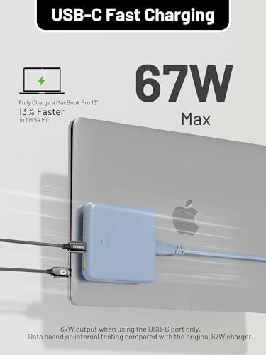 Image of USB C Charging Station 67W, 4-Port Slim USB C Charger Block for iPhone 17 /16 /15, MacBook Air /Pro with 5ft Extension Cord, 3 USBC, 1 USB-A, Fast Charging Desktop Charger for Home Office Travel, Blue